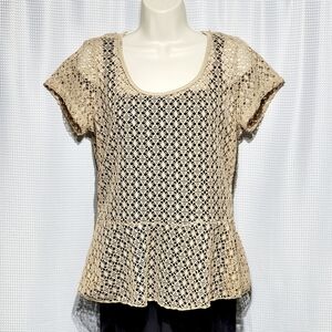 Lacey Crocheted Beige Top with a shimmer of metallic cap sleeve Top (L)